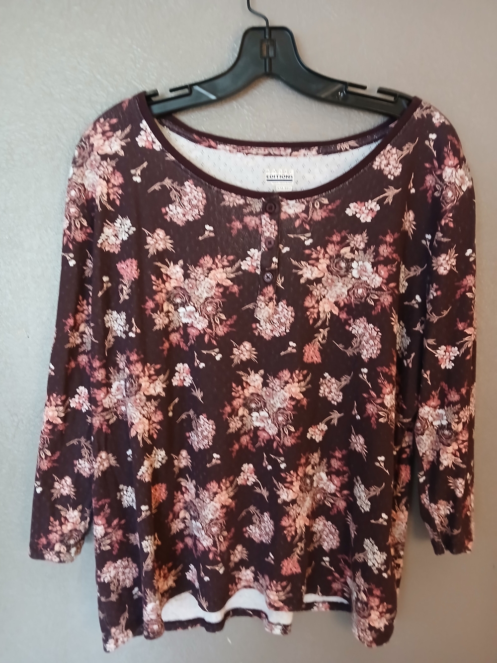 Basic Editions Burgundy Floral Henley Long Sleeve Top